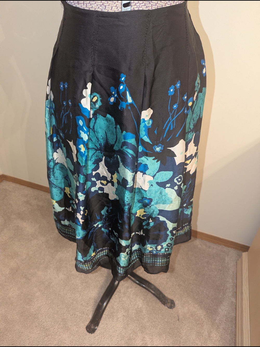 Black Floral Midi Skirt with Teal and Blue Accents